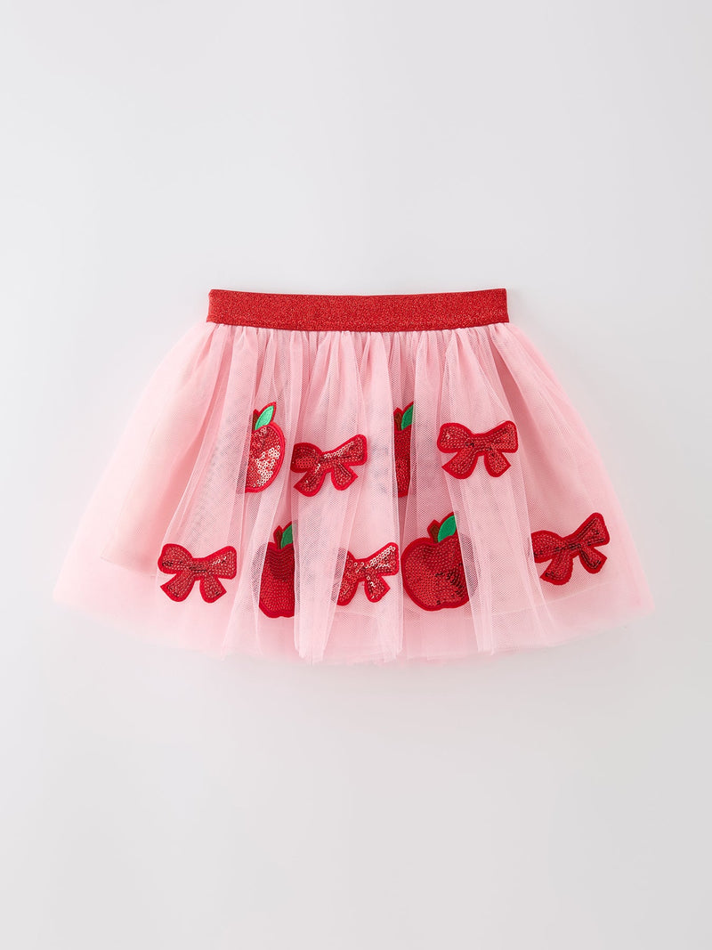 Back To School Apple Bow Girls Skirt Tulle Sequin Applique - 1