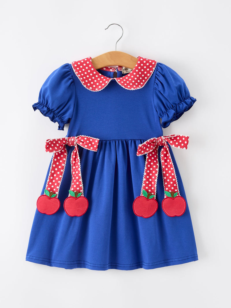 Girls Back To School Apple Polka Dot Petals Collar Bow Dress - 1