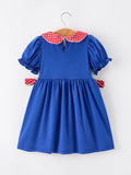 Girls Back To School Apple Polka Dot Petals Collar Bow Dress - 2