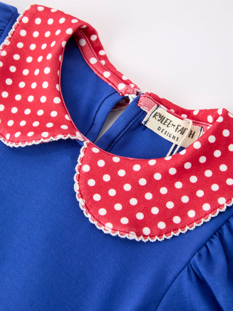 Girls Back To School Apple Polka Dot Petals Collar Bow Dress - 3
