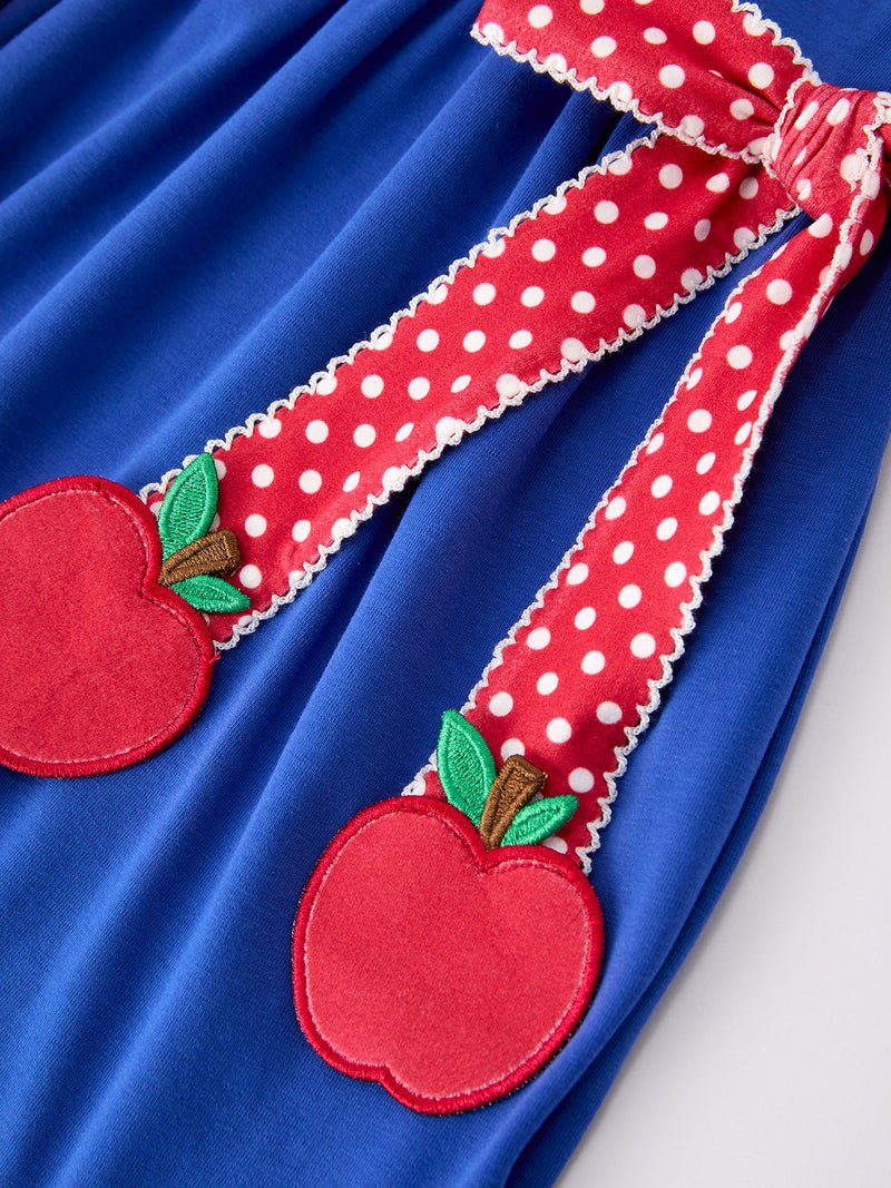 Girls Back To School Apple Polka Dot Petals Collar Bow Dress - 4