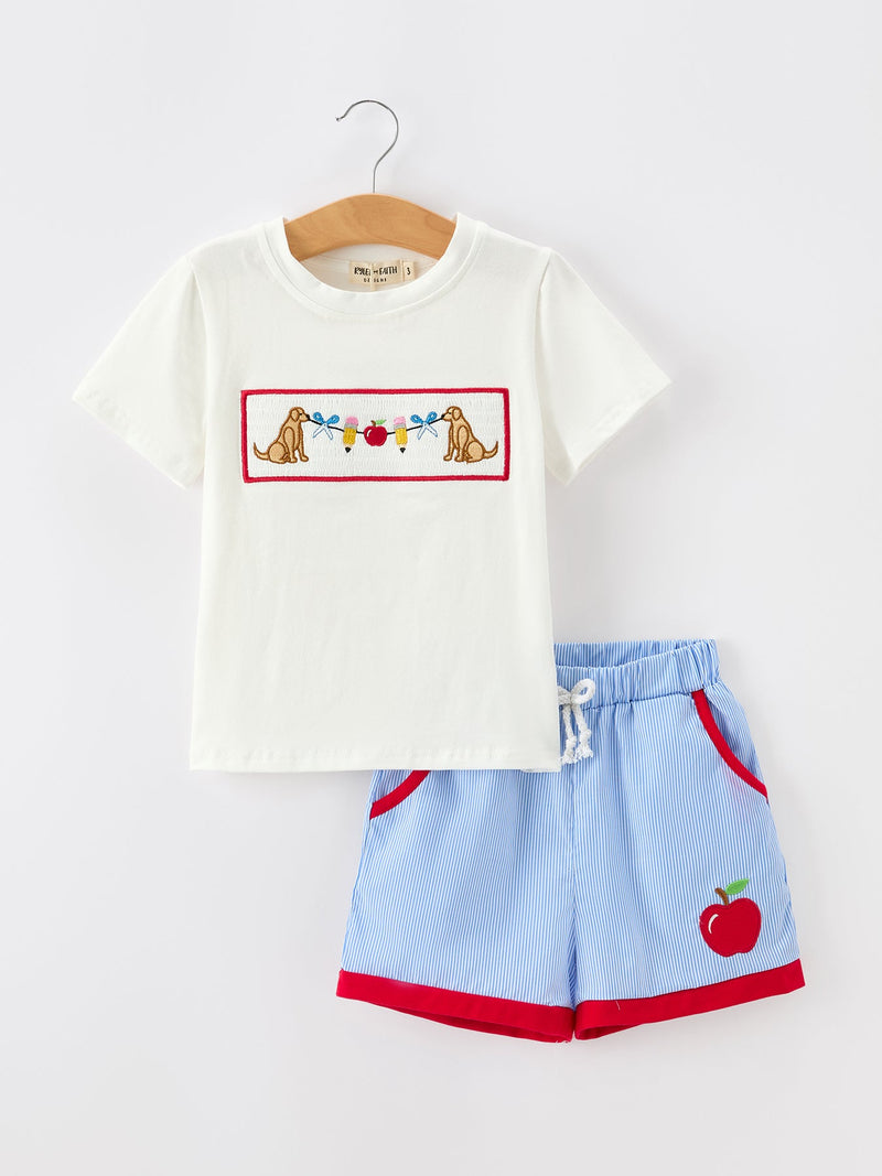 Back To School Apple Pencil Embroidery Boy Top Shorts Set - 1