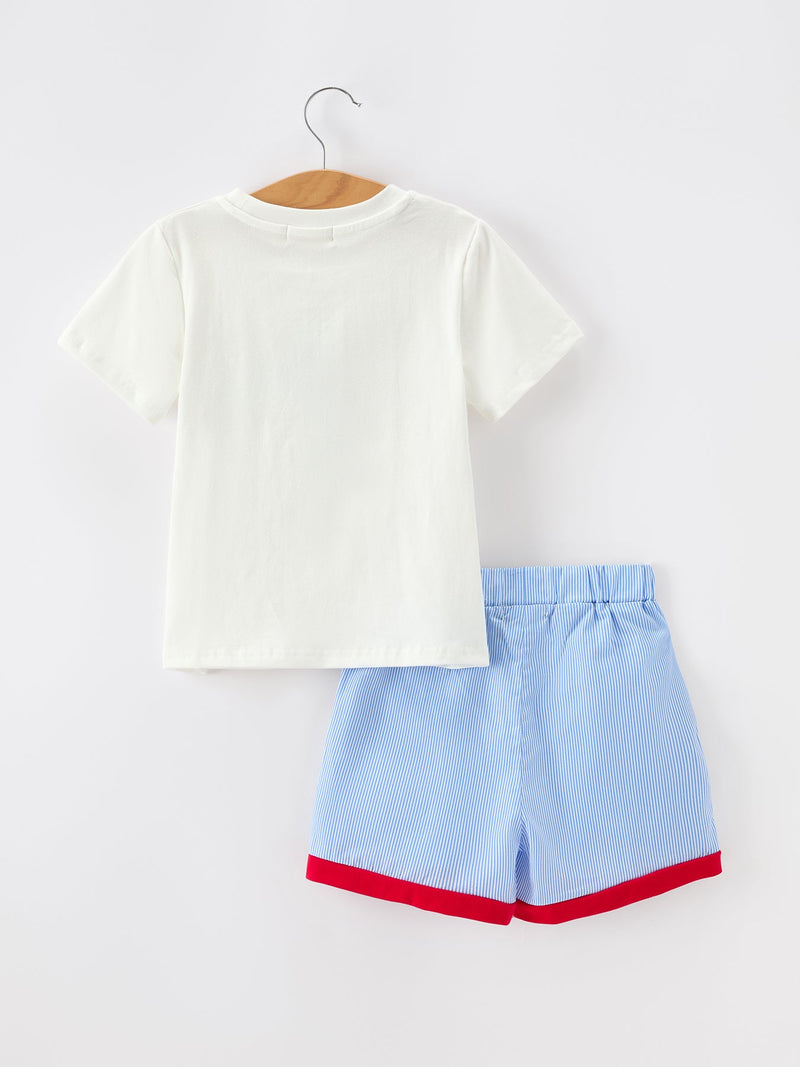 Back To School Apple Pencil Embroidery Boy Top Shorts Set - 2