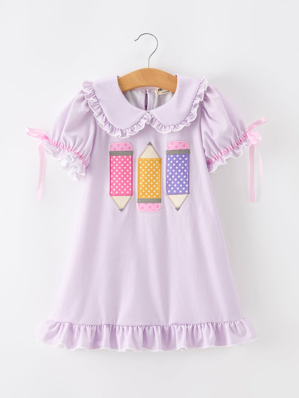 Pencil Applique Purple Girls Dress with Petals Collar & Ruffle Details