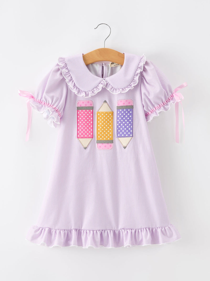 Pencil Applique Purple Girls Dress with Petals Collar & Ruffle Details - 1