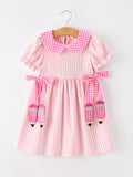 Girls Back To School Pink Plaid Petals Collar Pencil Applique Dress - 1