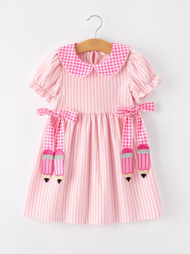 Girls Back To School Pink Plaid Petals Collar Pencil Applique Dress - 1