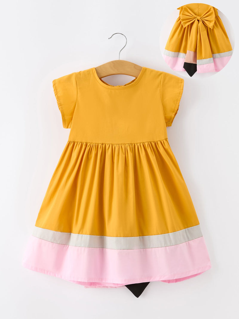 Back To School Pencil Girls Dress Color Block Bow Dress - 1