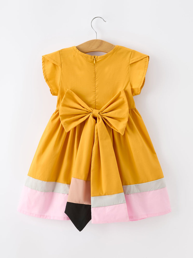 Back To School Pencil Girls Dress Color Block Bow Dress - 9