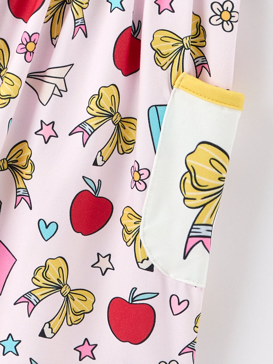 Girls Apple Bow Pocket Twirl Dress