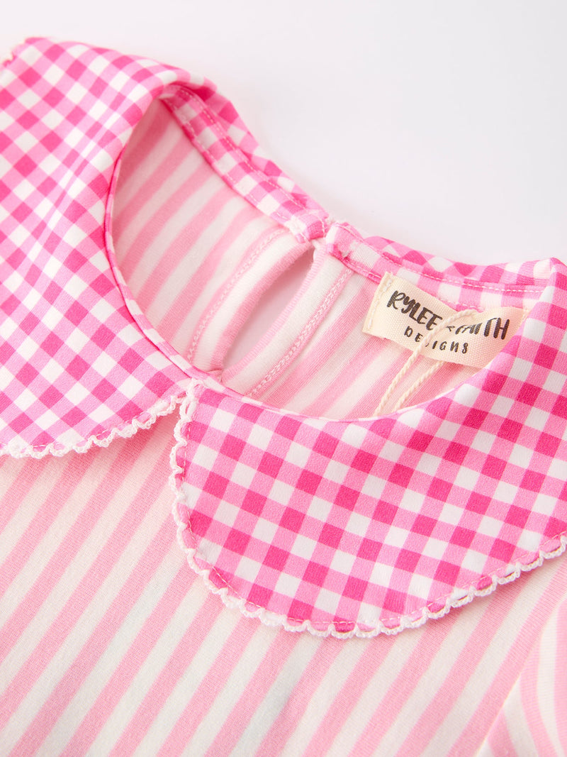 Girls Back To School Pink Plaid Petals Collar Pencil Applique Dress - 3