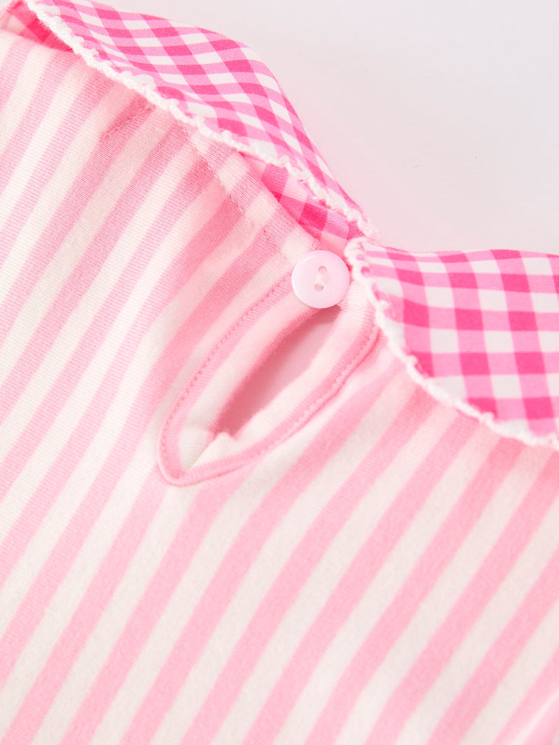 Girls Back To School Pink Plaid Petals Collar Pencil Applique Dress - 5