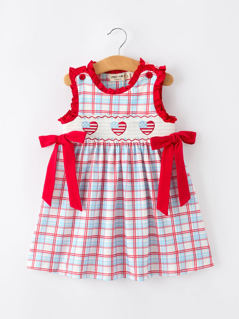 4th of July Plaid Flag Heart Girl Dress With Bow - 1