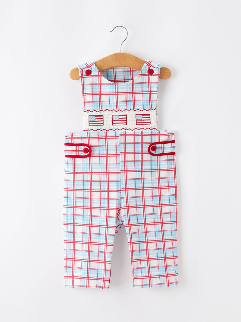4th Of July Plaid Boys Romper Smocked Flag Button Strap - 1