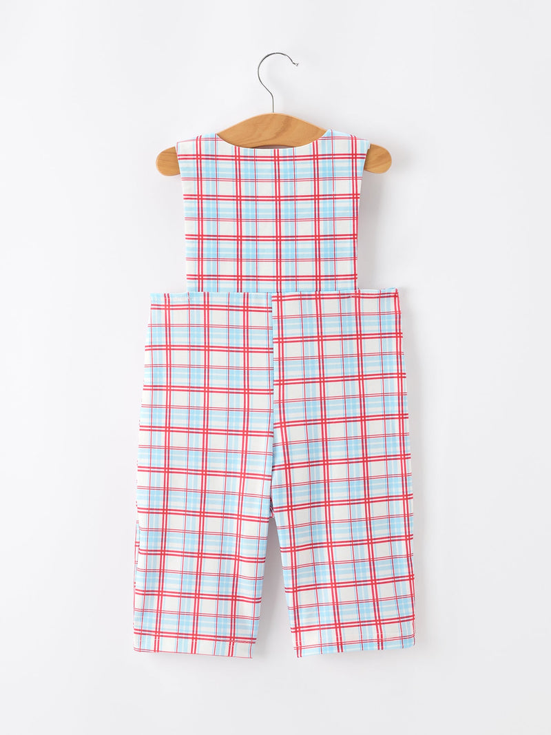 4th Of July Plaid Boys Romper Smocked Flag Button Strap - 2
