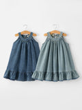 Girls Denim Ruffle Trim A-Line Dress - 1