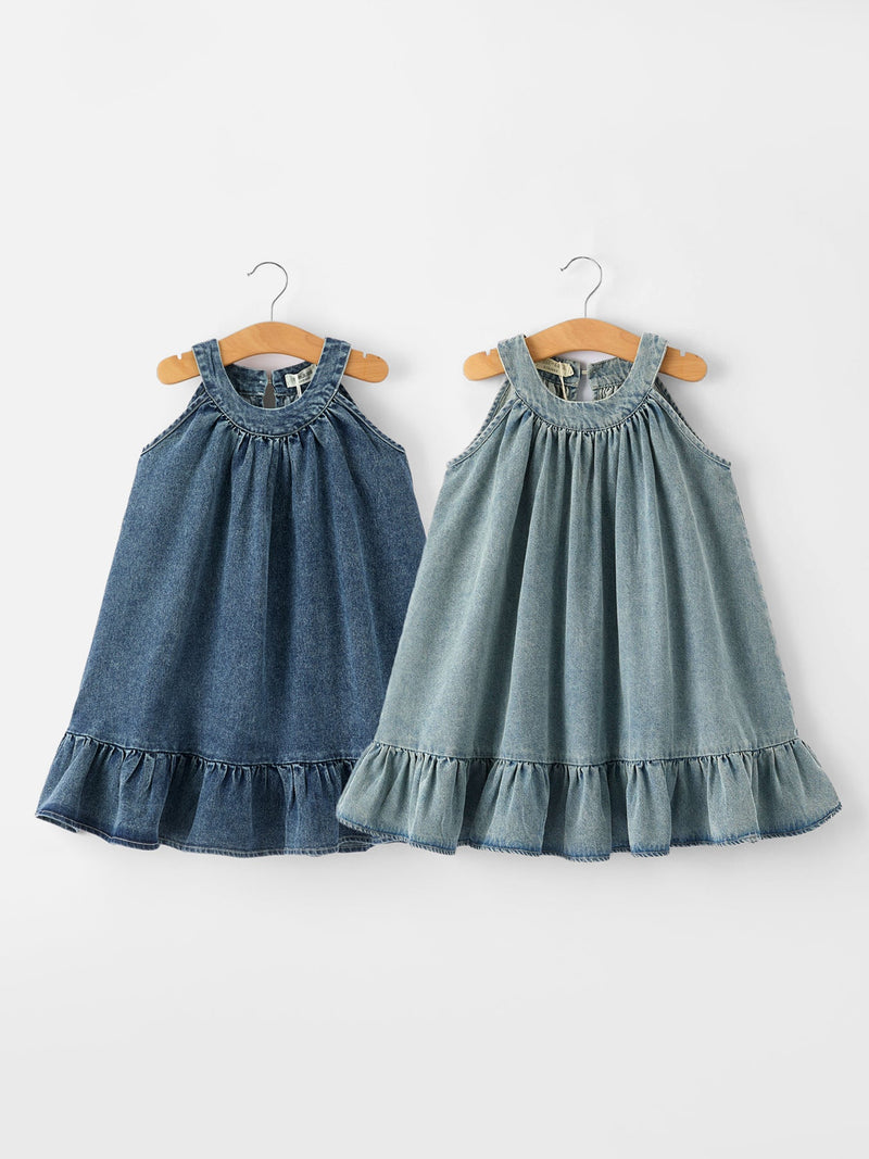 Girls Denim Ruffle Trim A-Line Dress - 1