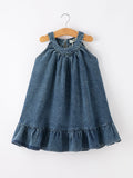 Girls Denim Ruffle Trim A-Line Dress - 14
