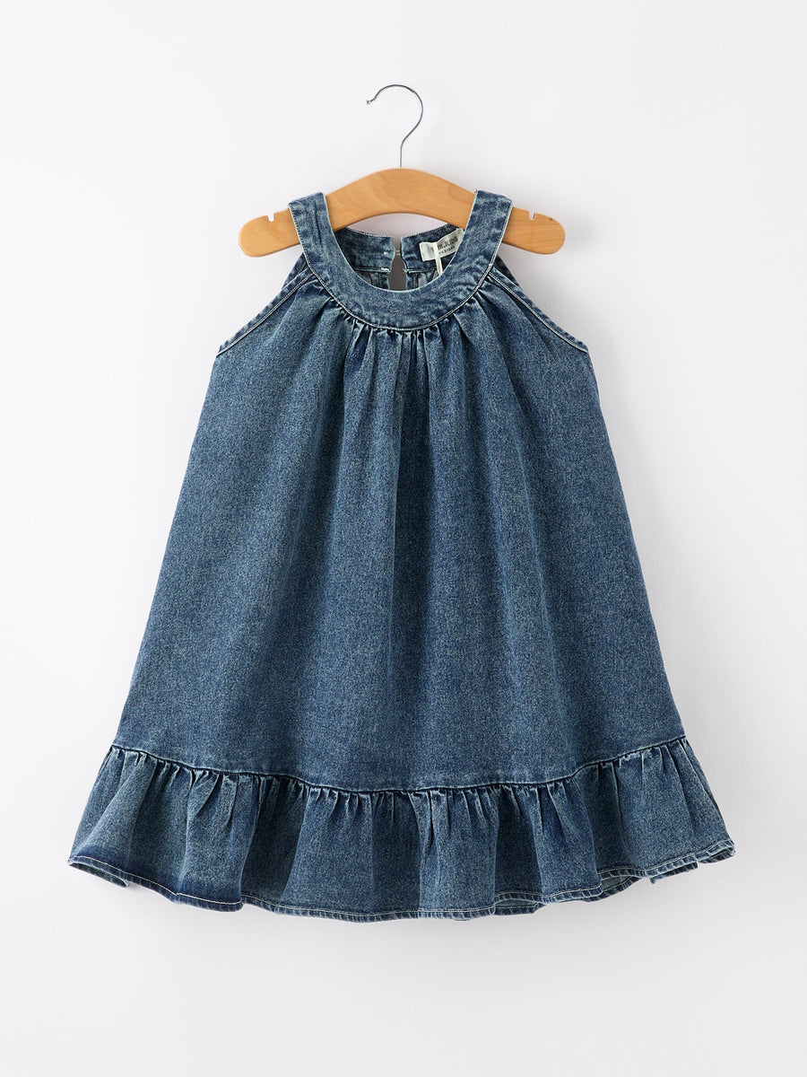 Girls Denim Ruffle Trim A-Line Dress