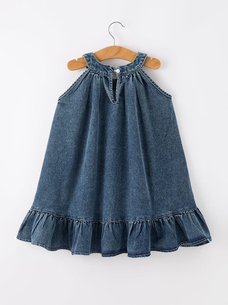 Girls Denim Ruffle Trim A-Line Dress - 15