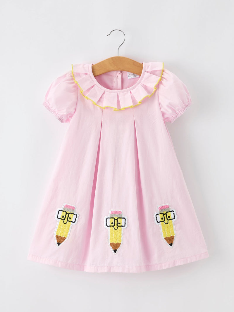 Back to School Pink Pencil Applique Ruffle Collar Girls Dress - 1