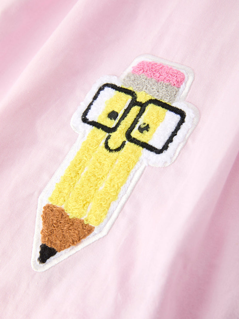 Back to School Pink Pencil Applique Ruffle Collar Girls Dress - 4