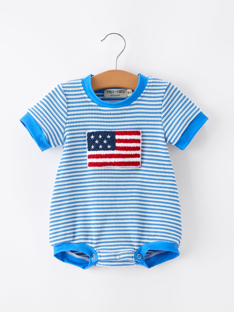 4th of July Flag Chenille Baby Boy Romper Blue Stripe - 1