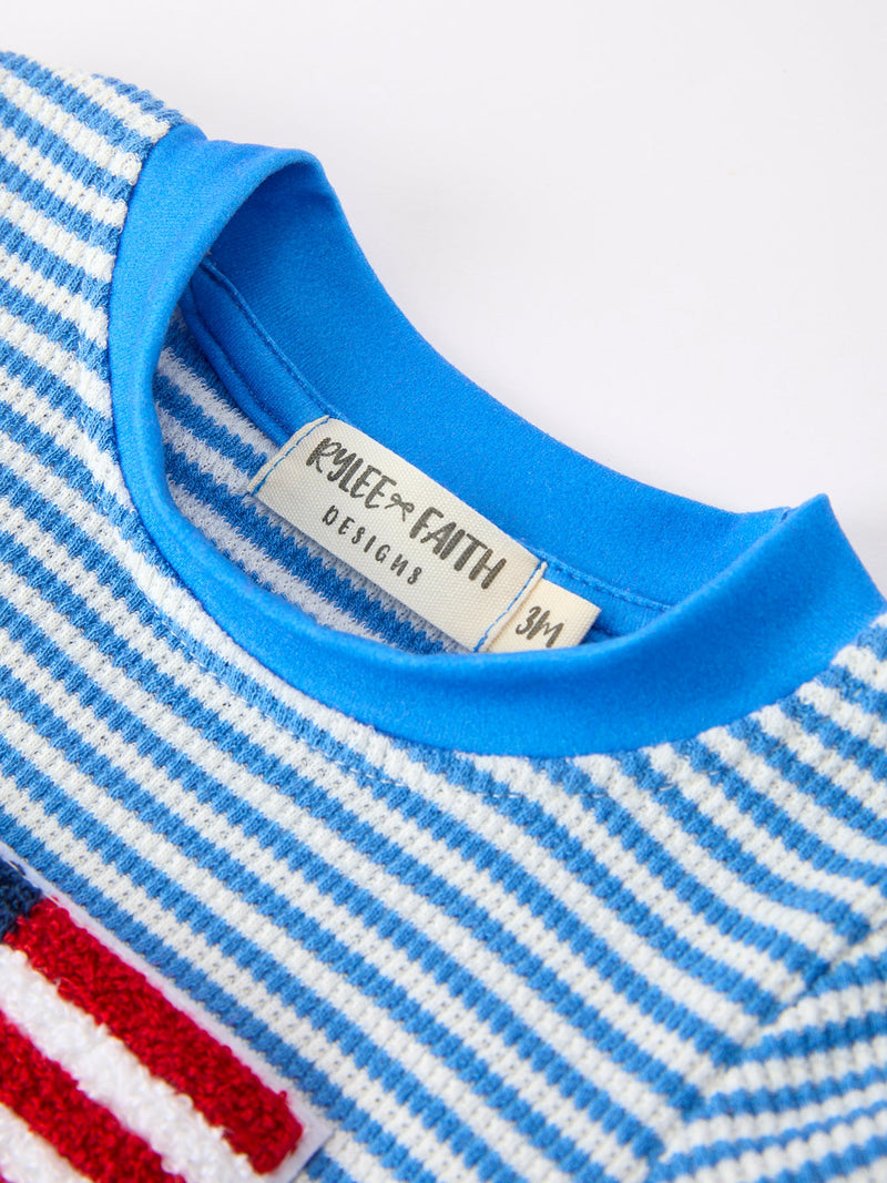 4th of July Flag Chenille Baby Boy Romper Blue Stripe - 3
