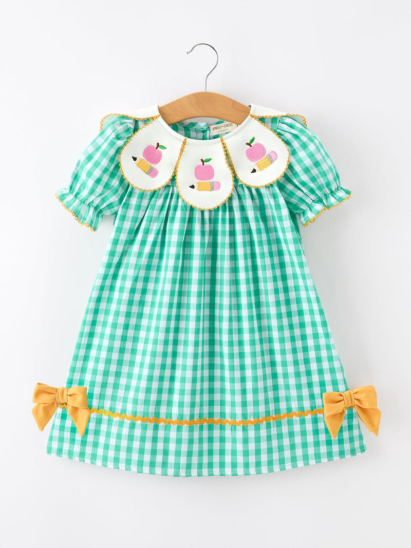 Back to School Apple Pencil Applique Girls Dress Petals Collar - 1