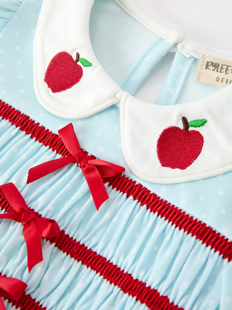 Back to School Apple Applique Girls Dress Petals Collar Bow - 5