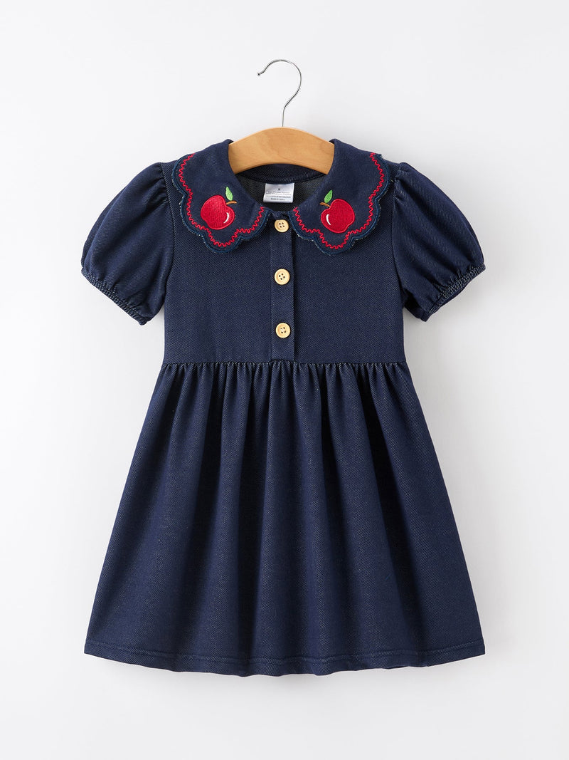 Back to School Apple Applique Girls Dress Petals Collar - 1