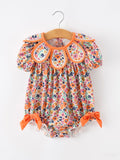 Orange Floral Bow Petals Collar Girls Romper - 1