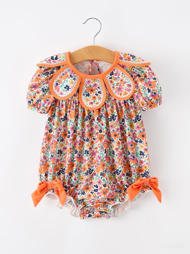 Orange Floral Bow Petals Collar Girls Romper - 1