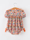 Orange Floral Bow Petals Collar Girls Romper - 2