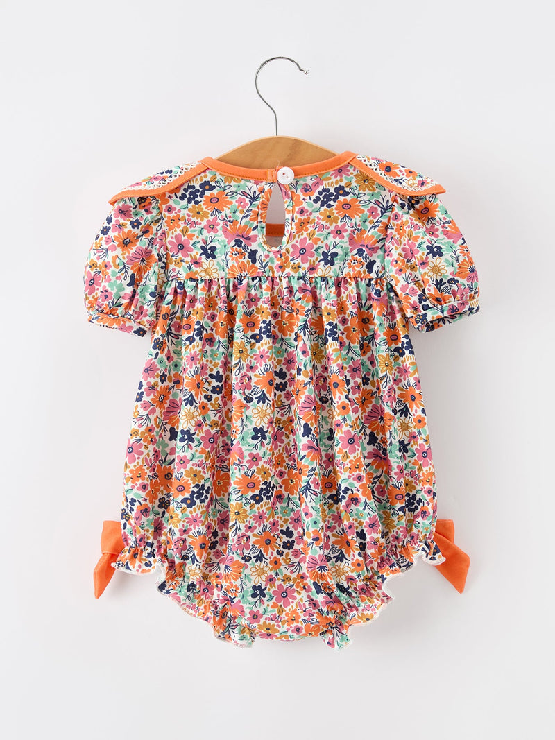 Orange Floral Bow Petals Collar Girls Romper - 2