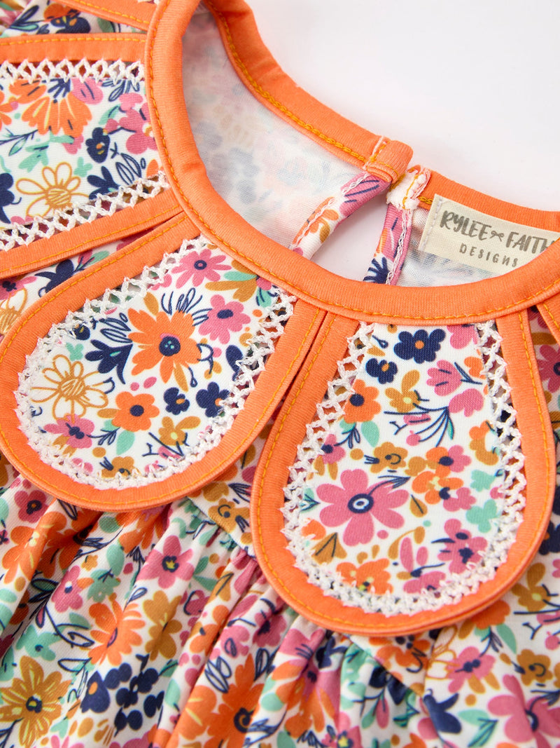 Orange Floral Bow Petals Collar Girls Romper - 5