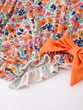 Orange Floral Bow Petals Collar Girls Romper - 3
