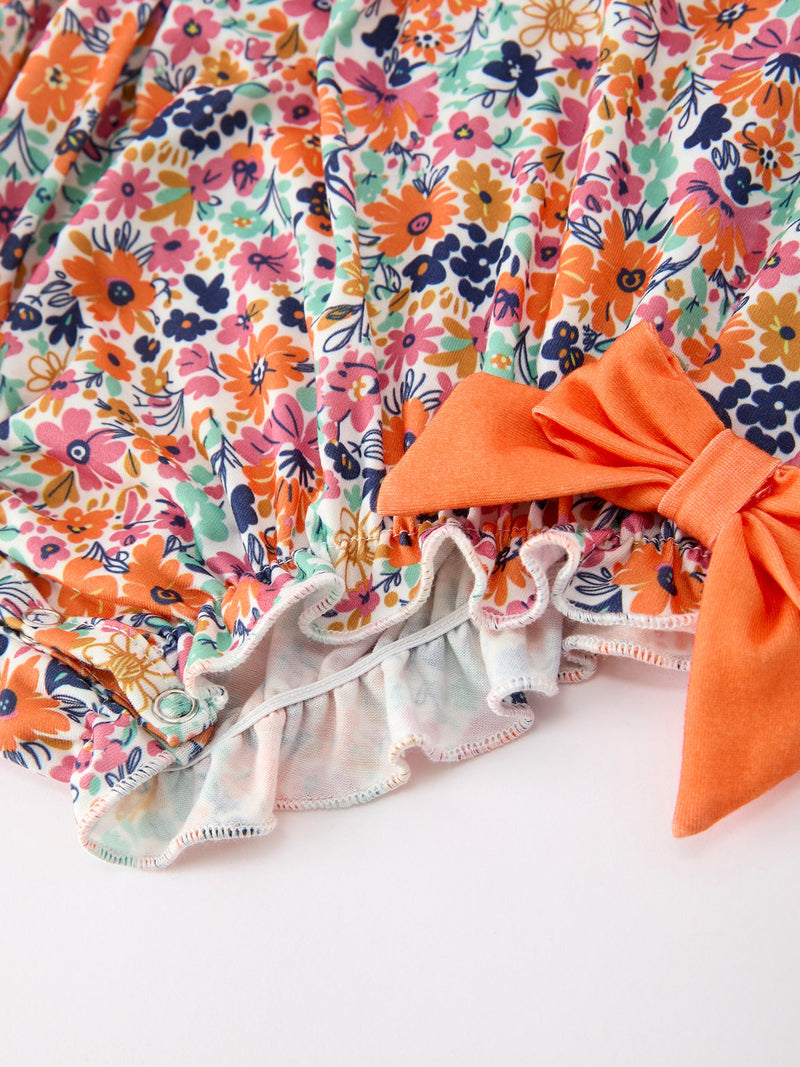 Orange Floral Bow Petals Collar Girls Romper - 3