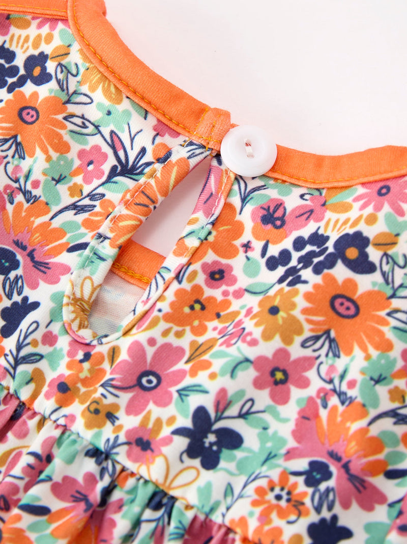 Orange Floral Bow Petals Collar Girls Romper - 4