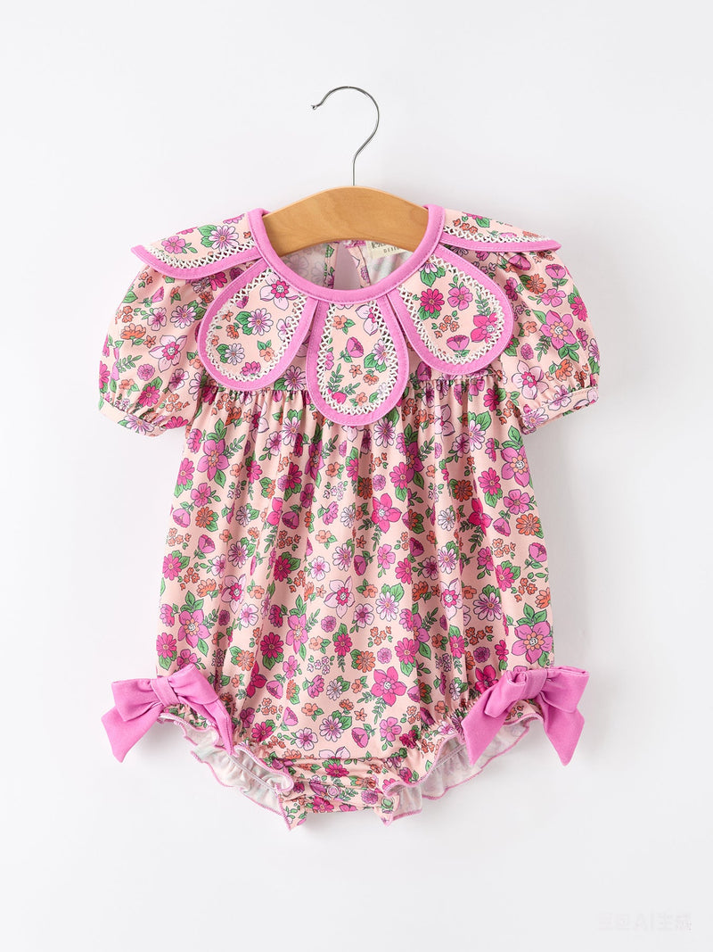 Pink Floral Bow Petals Collar Girls Romper - 1
