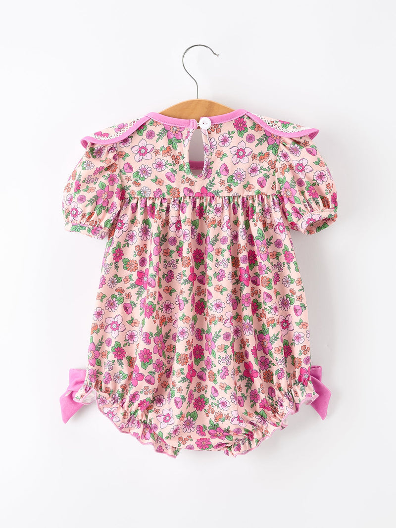 Pink Floral Bow Petals Collar Girls Romper - 2