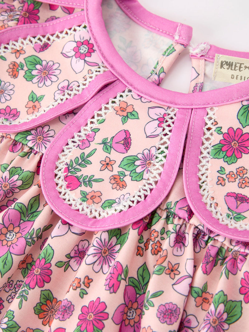 Pink Floral Bow Petals Collar Girls Romper - 5