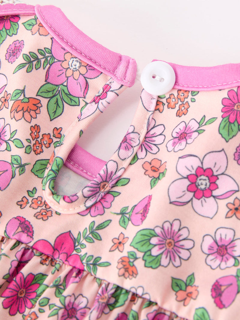 Pink Floral Bow Petals Collar Girls Romper - 4