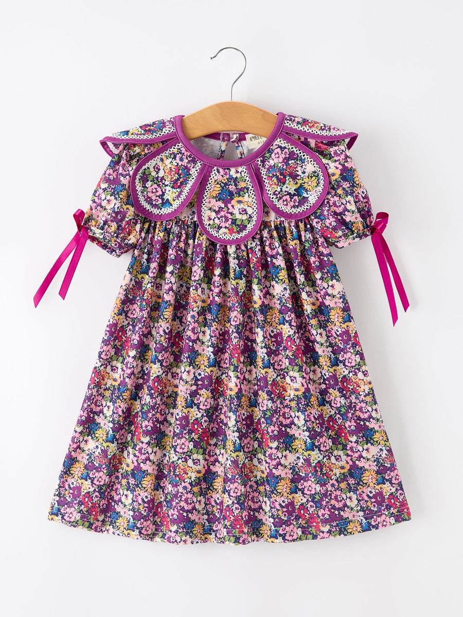 Purple Floral Bow Petals Collar Girls Dress