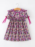 Purple Floral Bow Petals Collar Girls Dress - 6