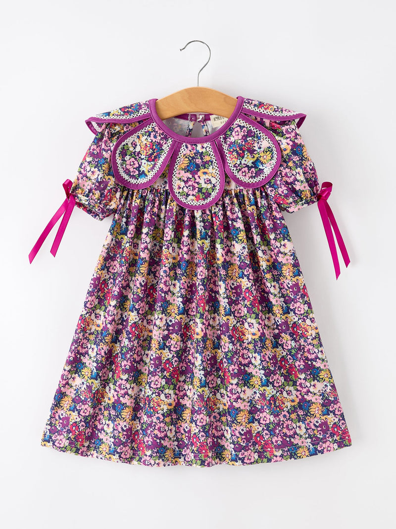 Purple Floral Bow Petals Collar Girls Dress - 6