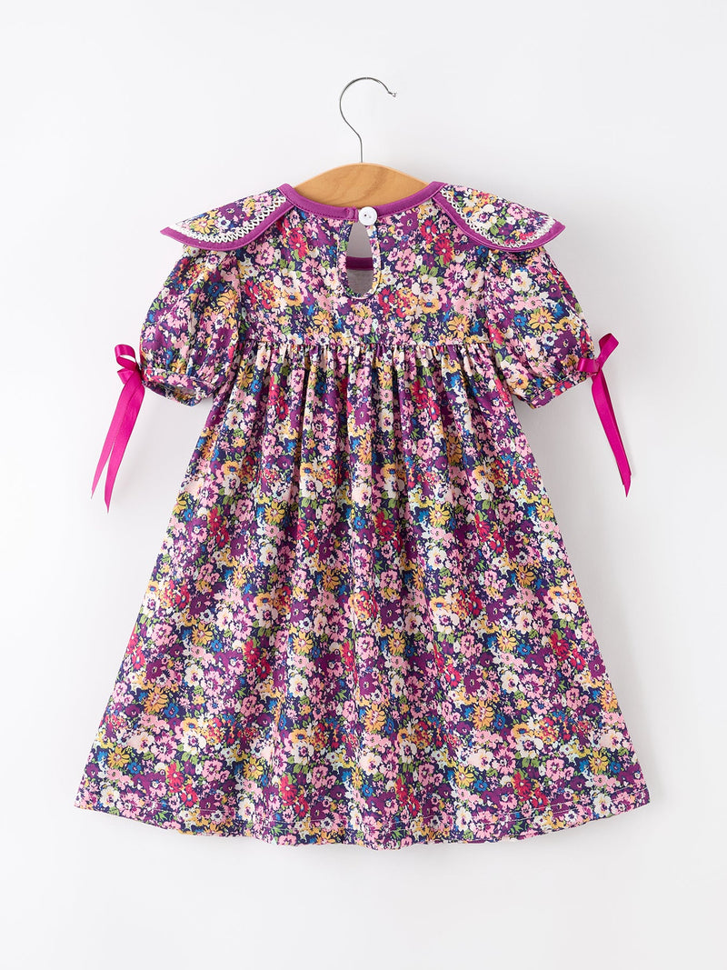 Purple Floral Bow Petals Collar Girls Dress - 7