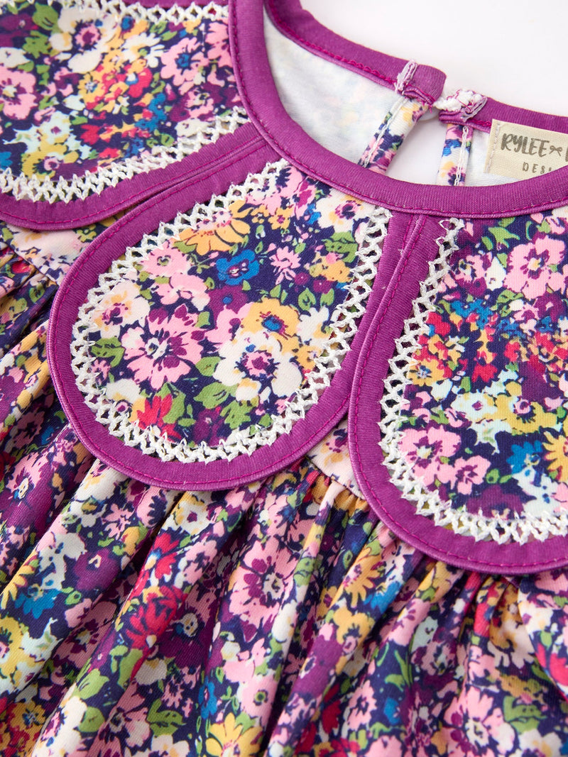 Purple Floral Bow Petals Collar Girls Dress - 8