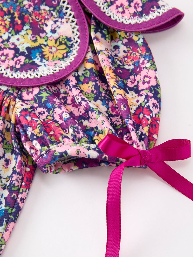 Purple Floral Bow Petals Collar Girls Dress - 9
