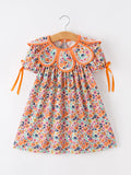 Orange Floral Bow Petals Collar Girls Dress - 1